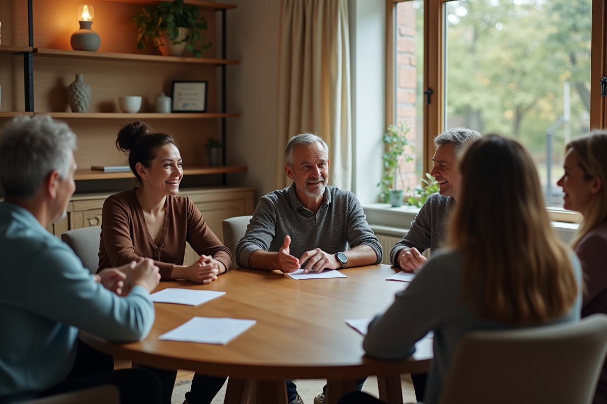 Groupe de thérapie en discussion dans une salle chaleureuse