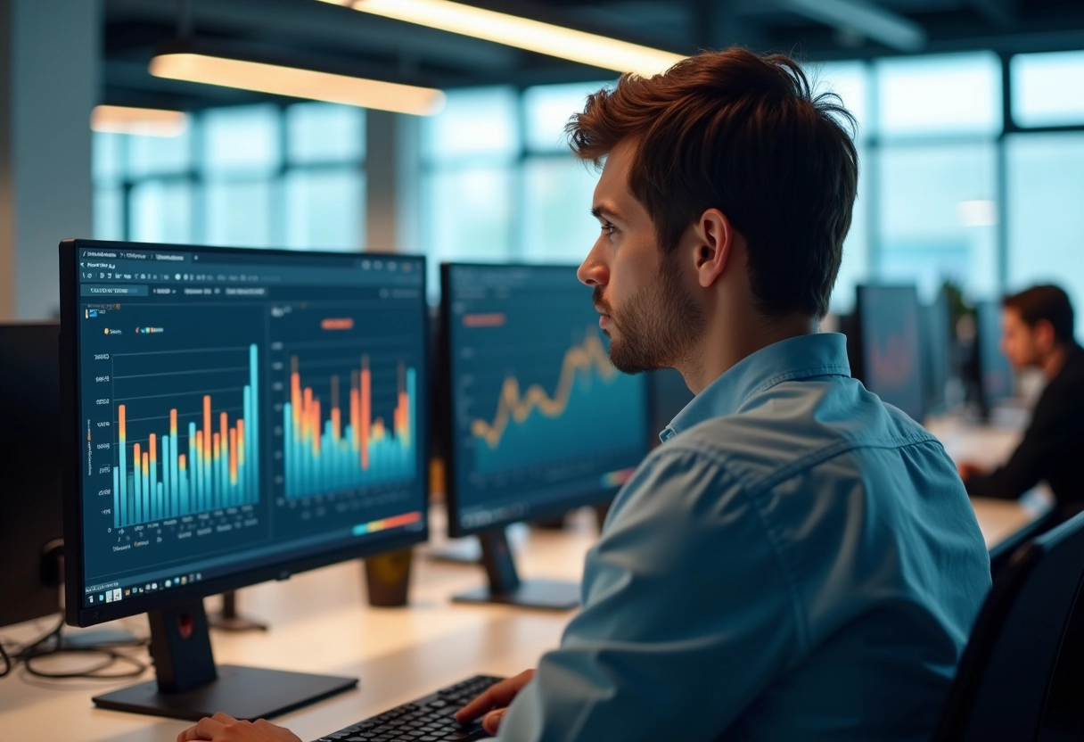 Jeune homme analysant des graphiques sur deux écrans au bureau