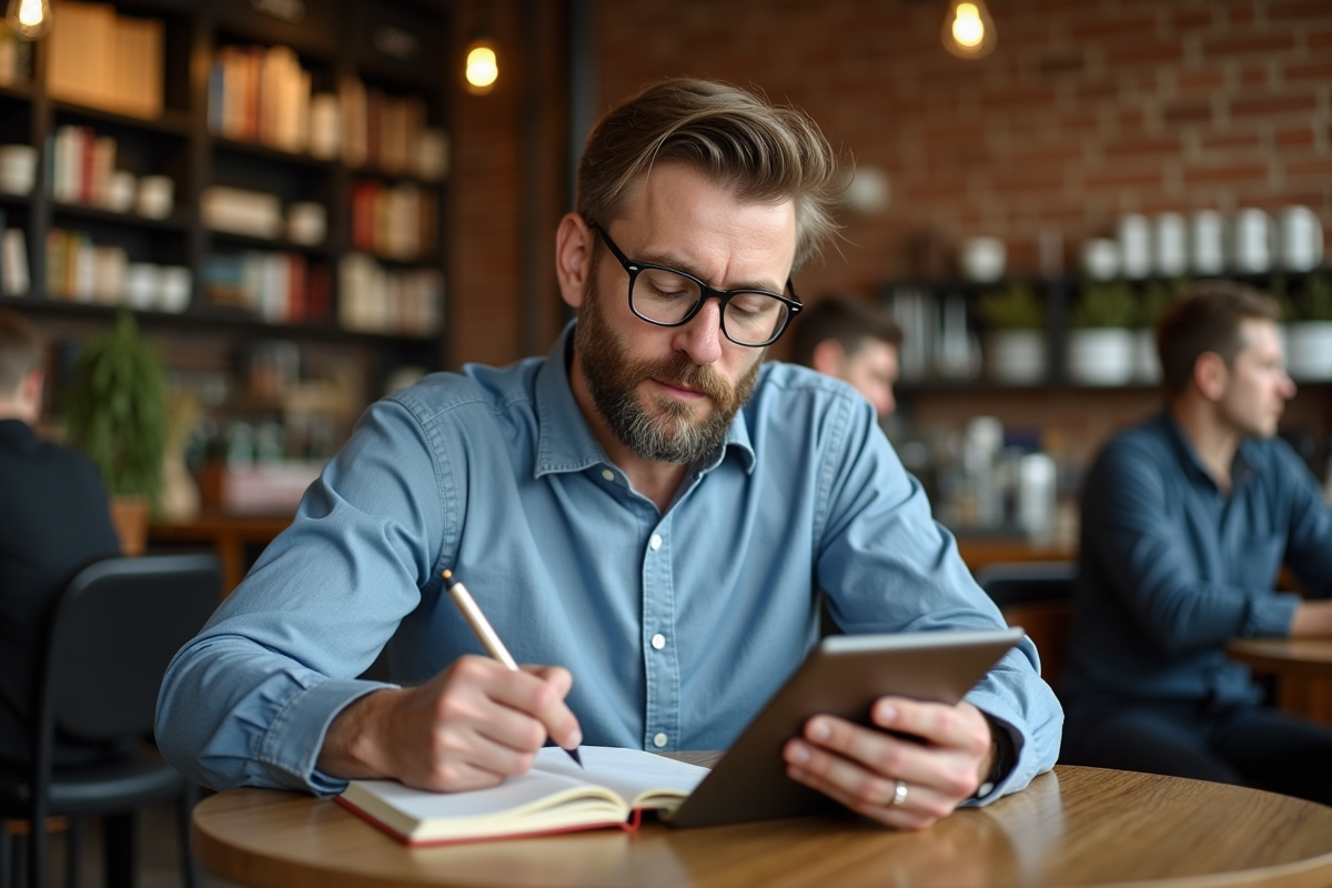 Homme prenant des notes au café avec tablette et application de traduction