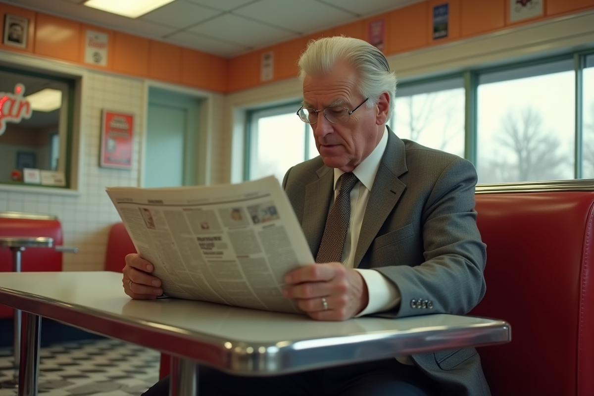 Homme âgé lisant journal dans un diner rétro