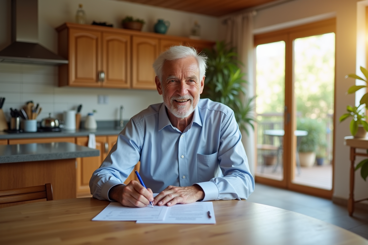 Homme âgé remplissant ses formulaires dans la cuisine