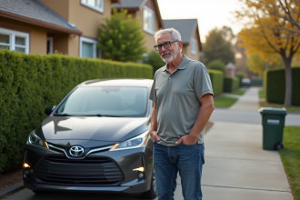 Homme d'âge moyen près d'une voiture hybride dans un quartier résidentiel