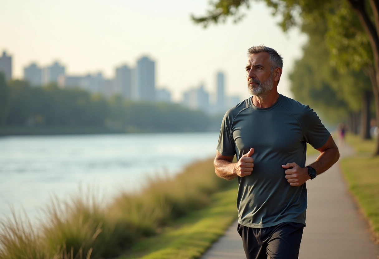 Homme courant paisiblement au bord de la rivière en tenue de sport