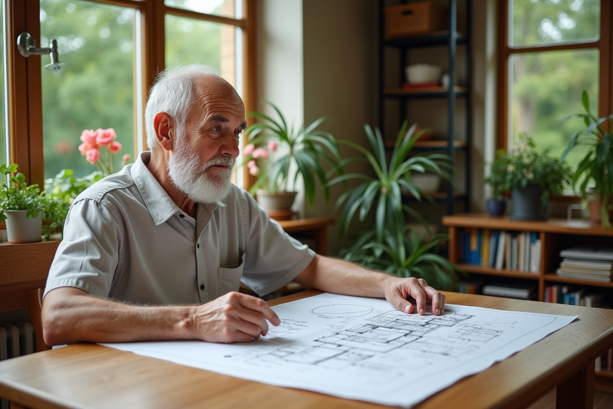 Homme âgé lisant des plans architecturaux dans une véranda