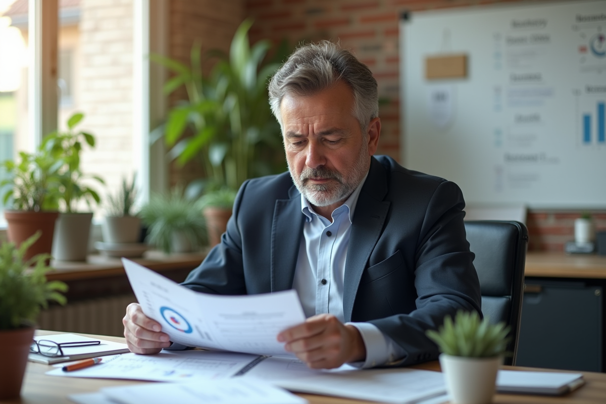 Homme d affaires lisant un plan dans un bureau lumineux