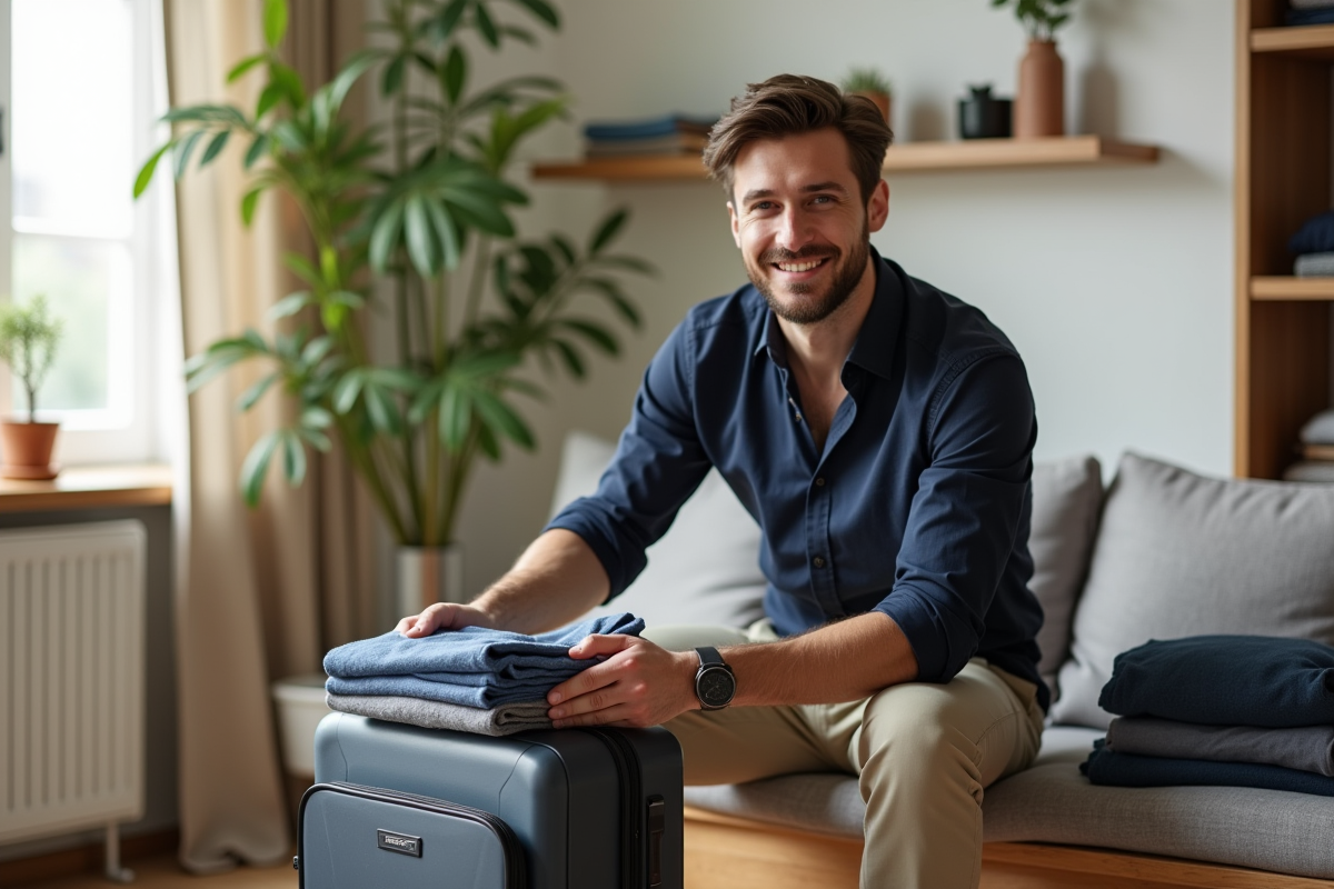 Homme pliant des chemises dans un intérieur lumineux