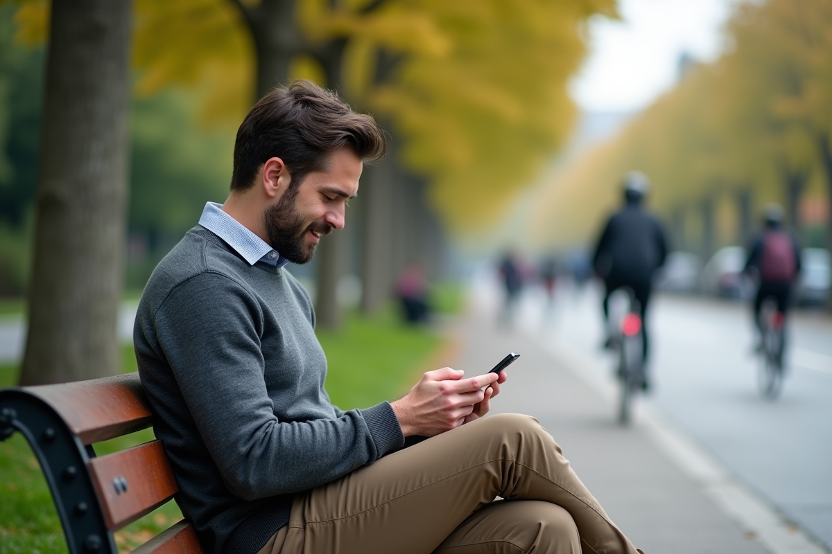 Homme de 40 ans consulte son application d investissement en plein air