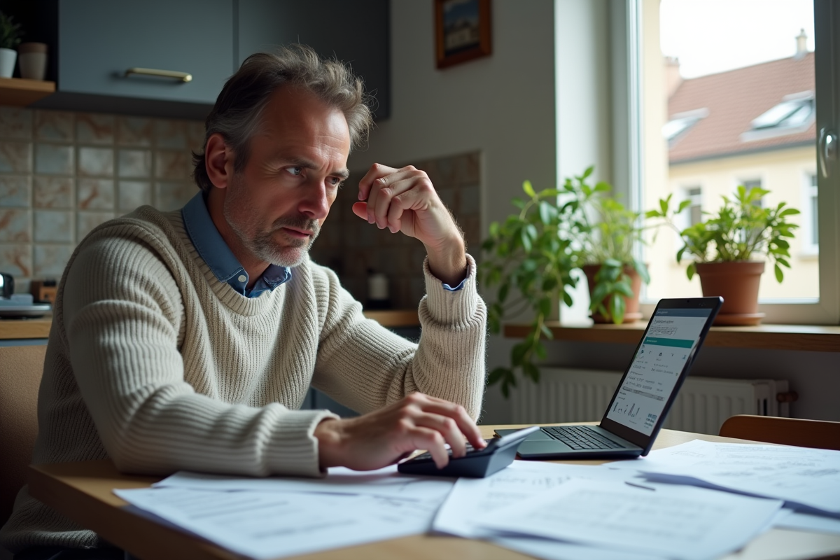 Homme concentré avec formulaire fiscal et tablette à la maison