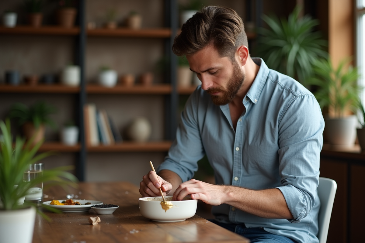 Homme réparant une céramique avec la technique kintsugi