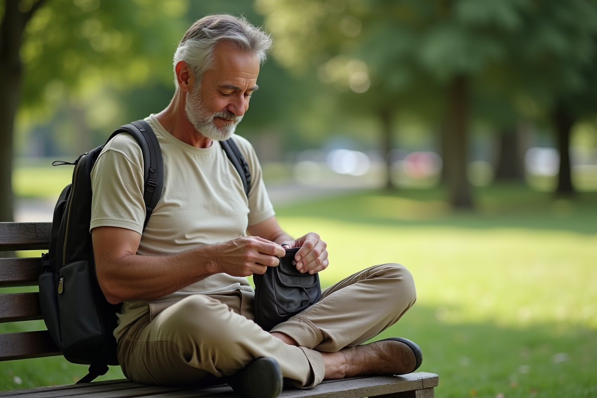 Homme réparant un sac à dos en toile dans un parc
