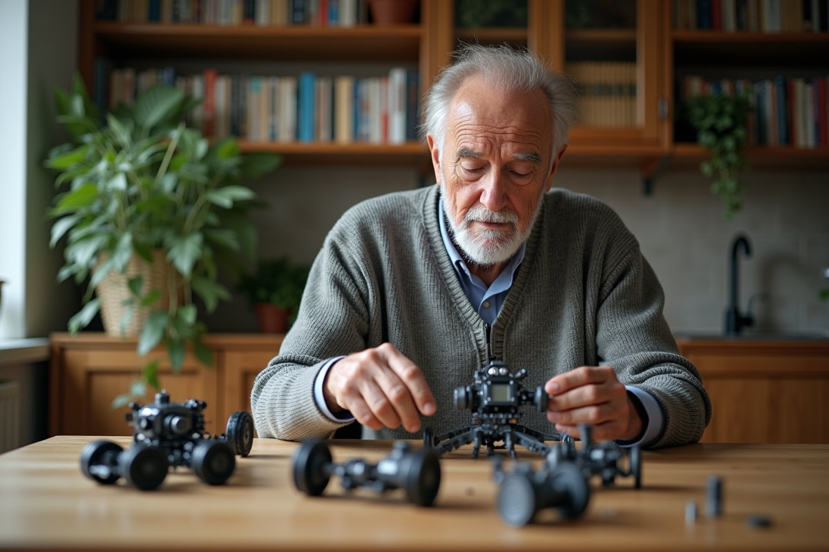 Homme âgé assemble des composants robotiques dans sa cuisine
