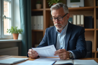 Homme d'âge moyen en costume bleu examinant ses relevés d'épargne