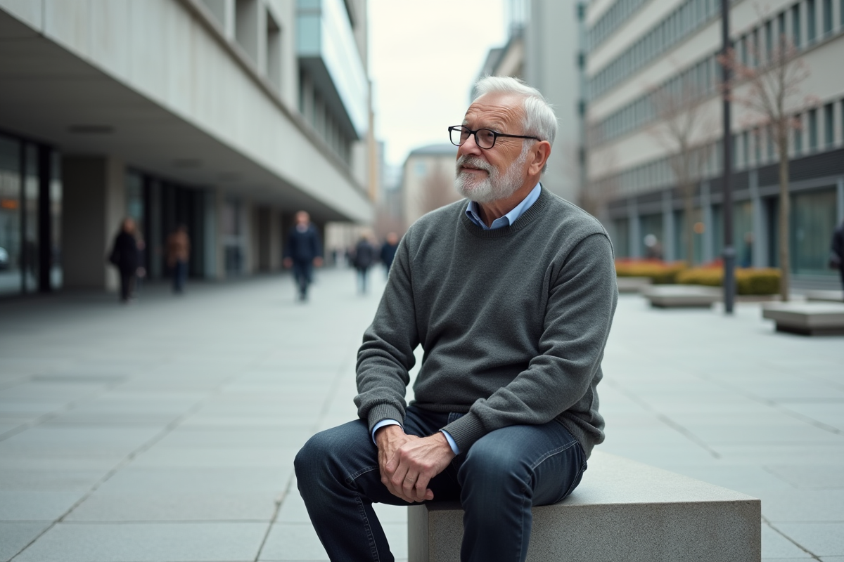 Homme âgé assis sur un banc dans une place urbaine