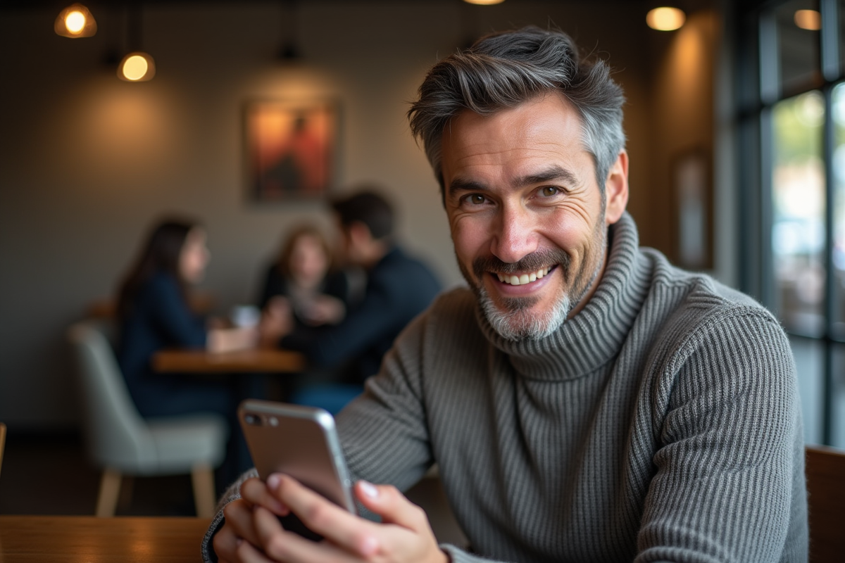 Homme souriant tenant un smartphone avec 2FA dans un café