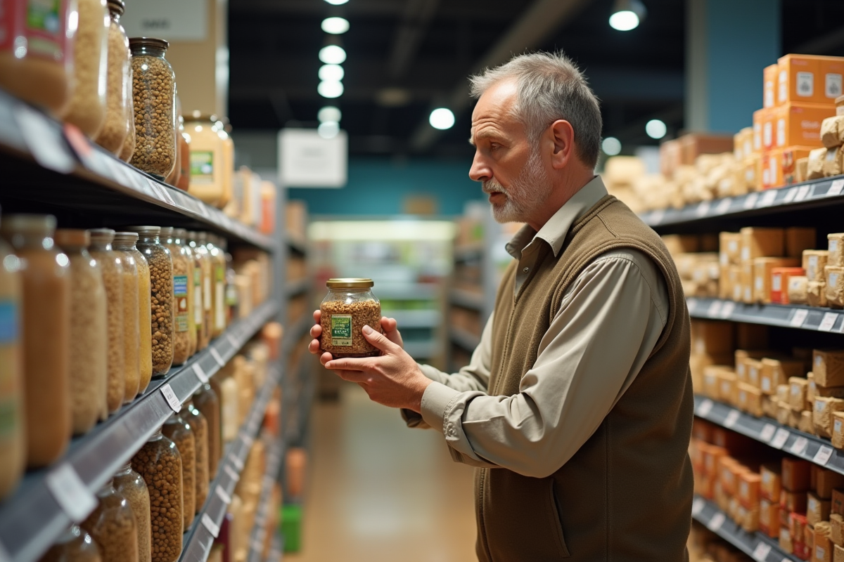 Homme inspecte un pot de miel équitable dans un supermarché