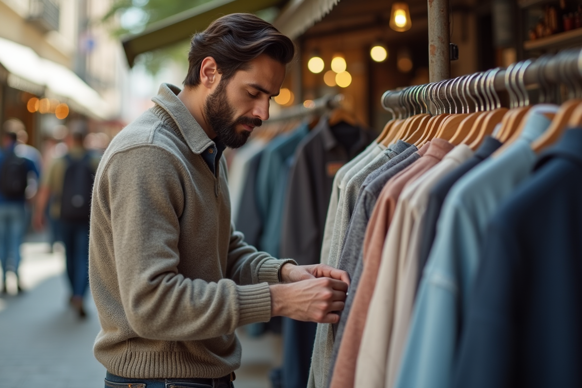 Homme inspectant une chemise en marché en plein air