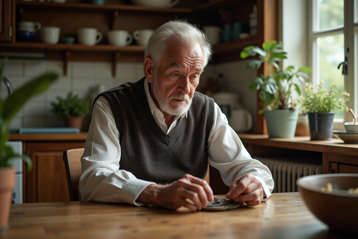 Homme âgé touchant un fer à cheval dans une cuisine chaleureuse
