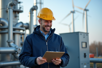 Ingénieur souriant examinant une pile a combustible hydrogene