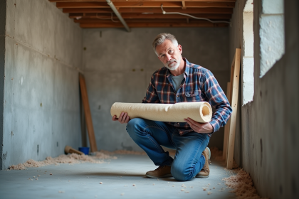 Homme inspectant l'isolation dans un sous-sol en travaux