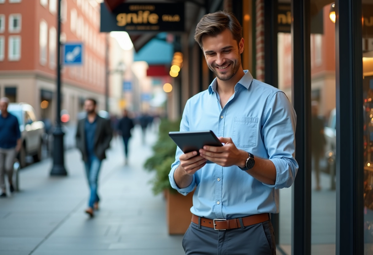 Jeune entrepreneur souriant devant sa boutique retail
