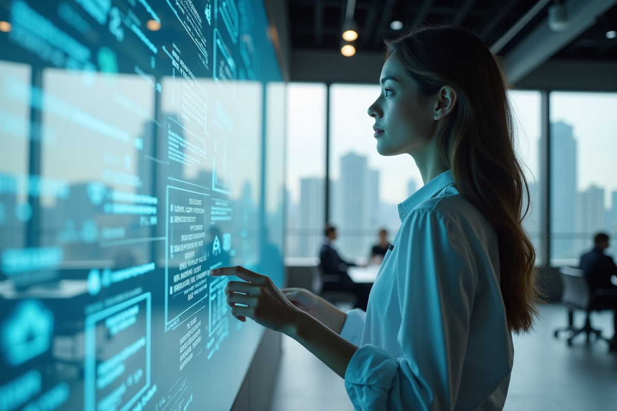 Jeune femme scientifique interagissant avec interface AI