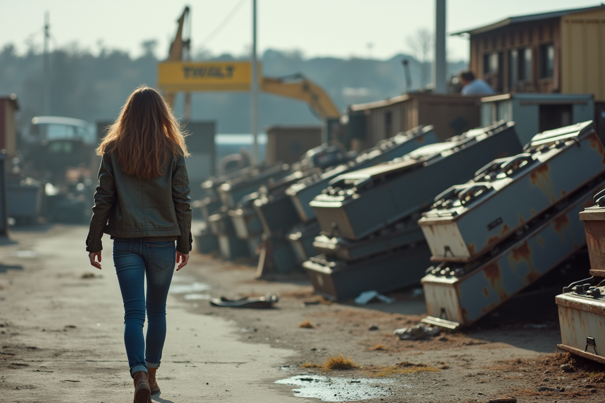 Jeune femme marche devant une décharge de batteries électriques