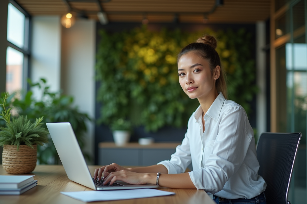 Jeune femme ingénieur environnement travaillant sur ordinateur