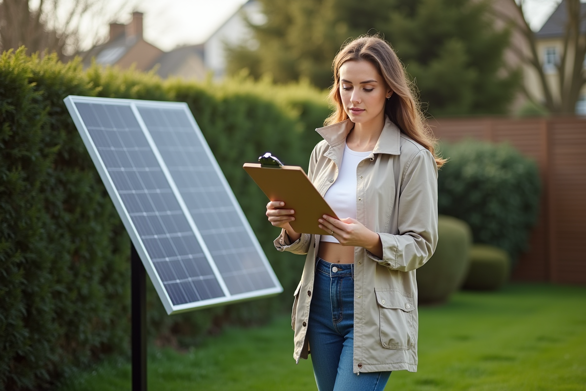 Jeune femme examinant un panneau solaire dans son jardin