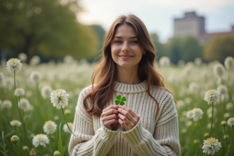 Jeune femme souriante tenant un trèfle à quatre feuilles dans un parc