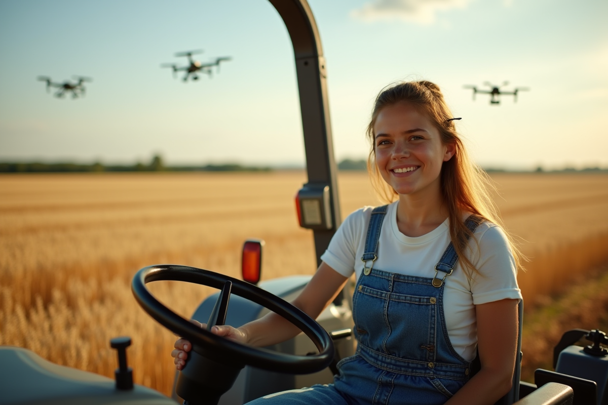 Jeune fermière conduisant un tracteur dans champs de blé