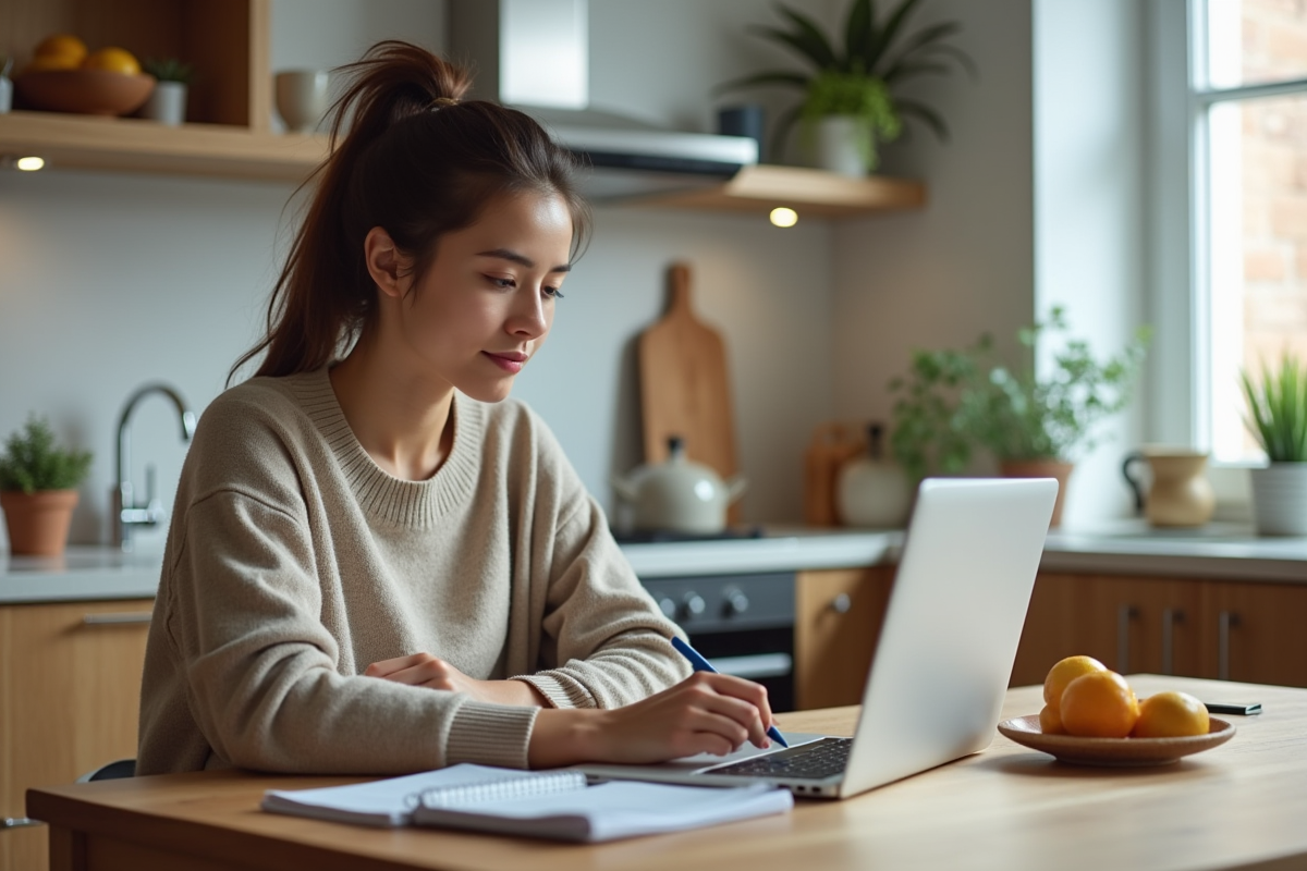 Jeune femme utilisant un ordinateur dans une cuisine moderne