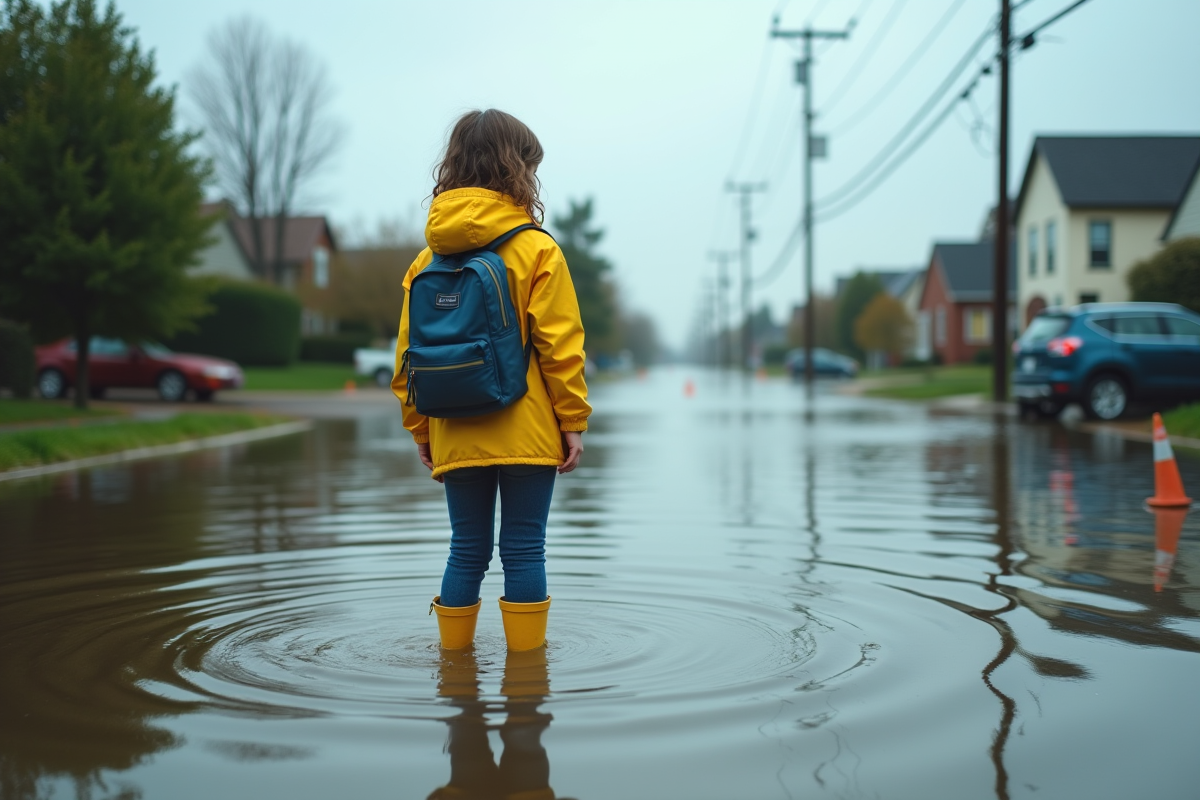Jeune fille en imperméable observant une rue inondée