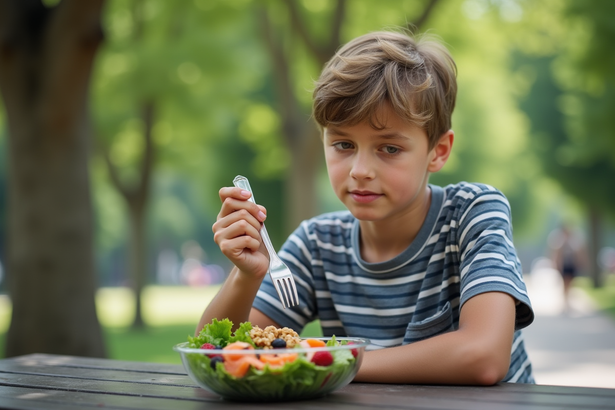 Adolescent dégustant une salade dans un parc en plein air