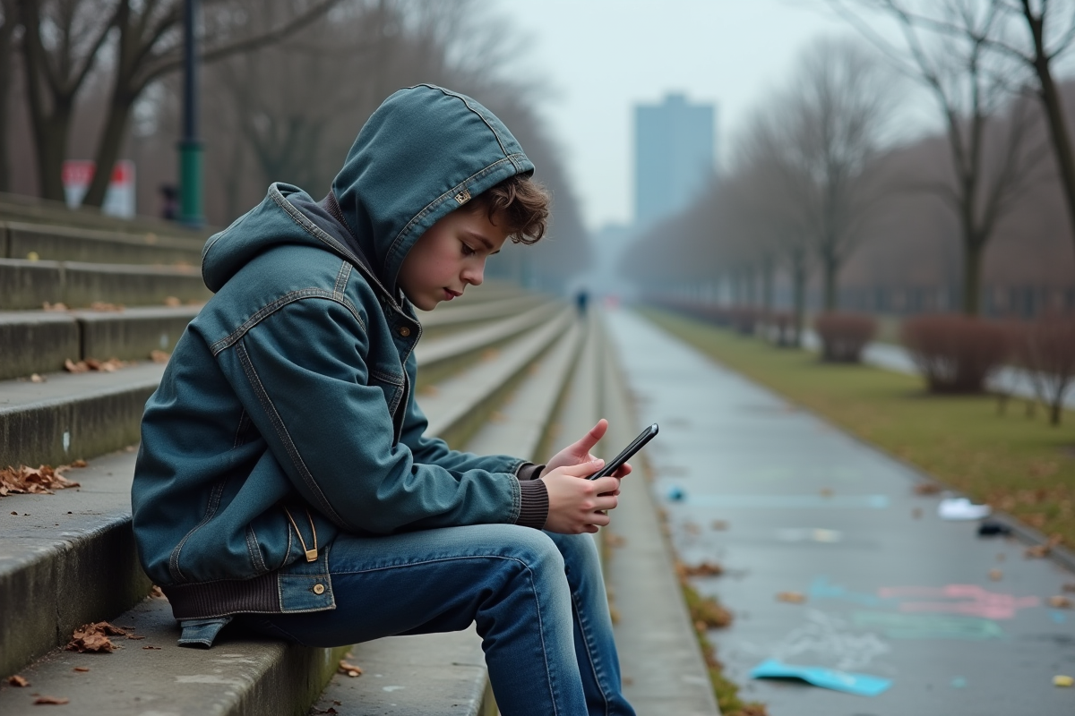 Jeune homme sur des escaliers en ville avec graffitis