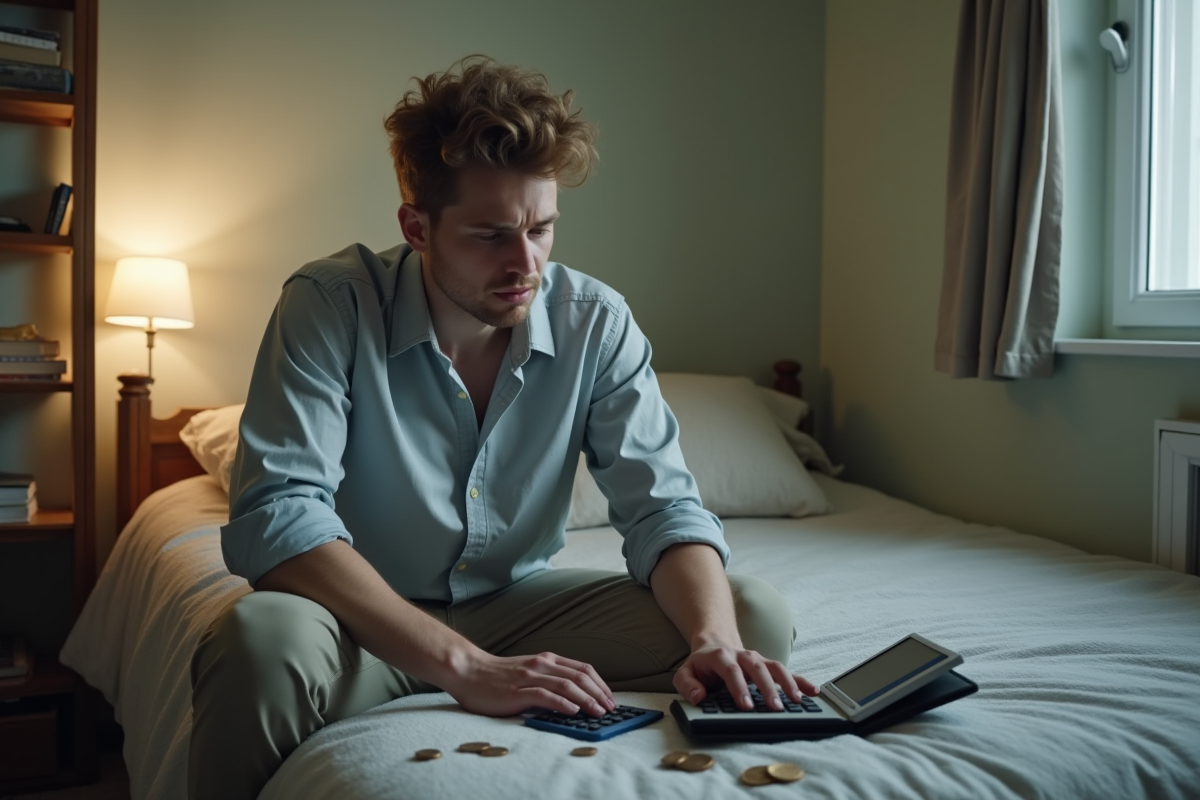 Jeune homme calculant ses dépenses avec une calculatrice