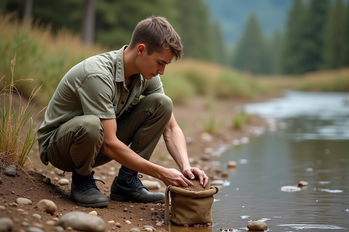Jeune homme ramassant de l