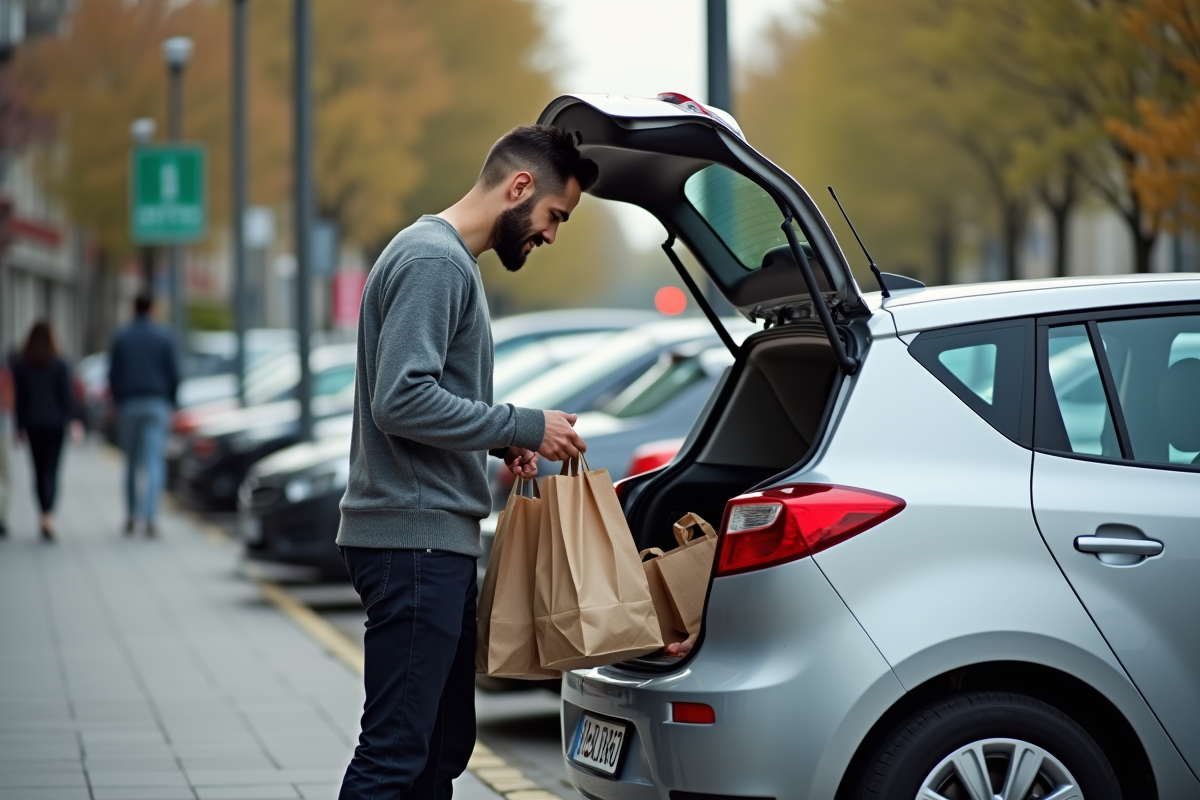 Jeune homme déchargeant des courses dans une ville