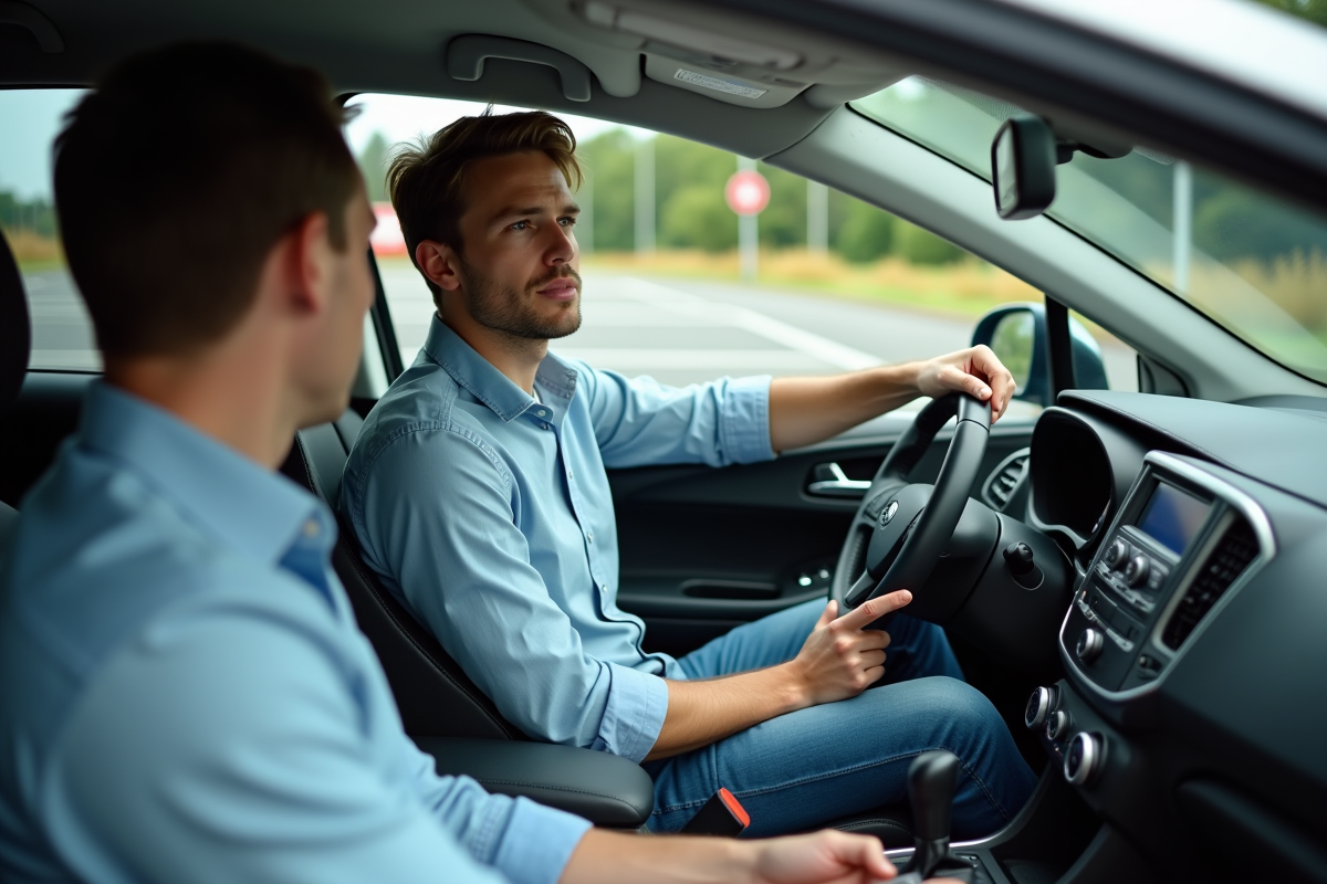 Jeune homme écoutant un instructeur dans une voiture d