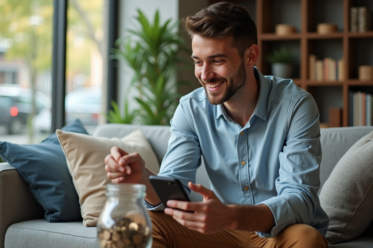Jeune homme ajoutant des pièces dans un pot d