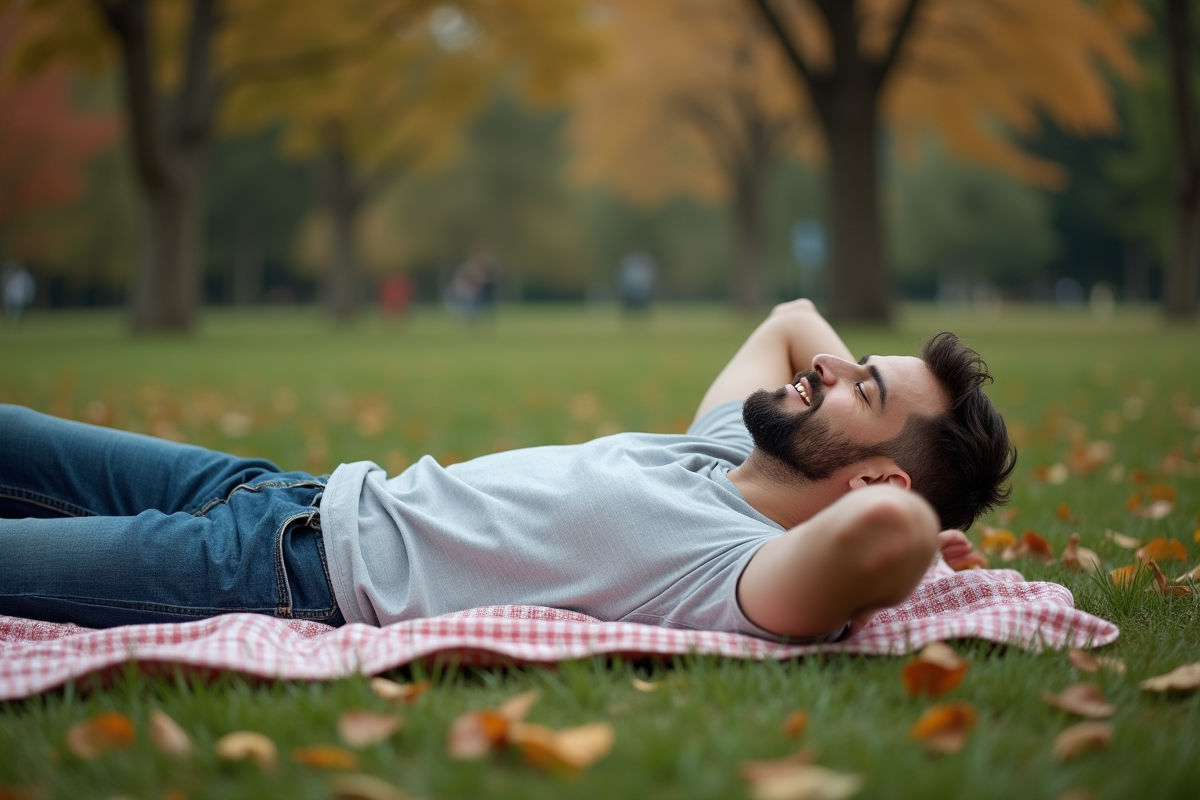 Jeune homme allongé dans un parc en automne
