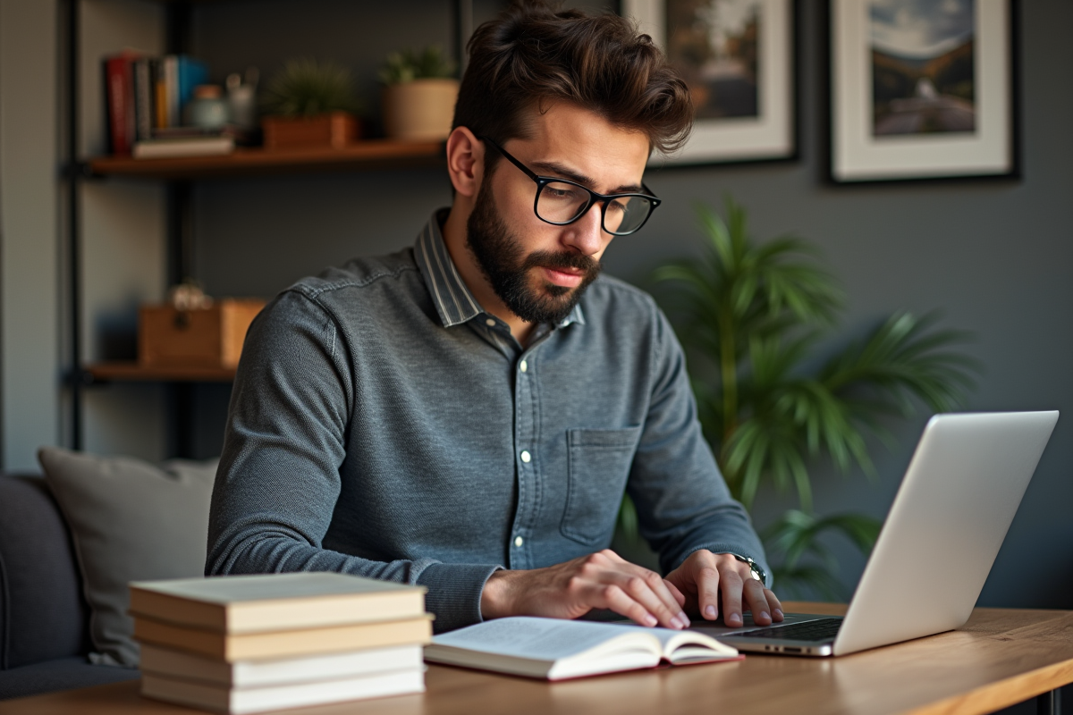 Jeune homme traduisant avec livres et ordinateur