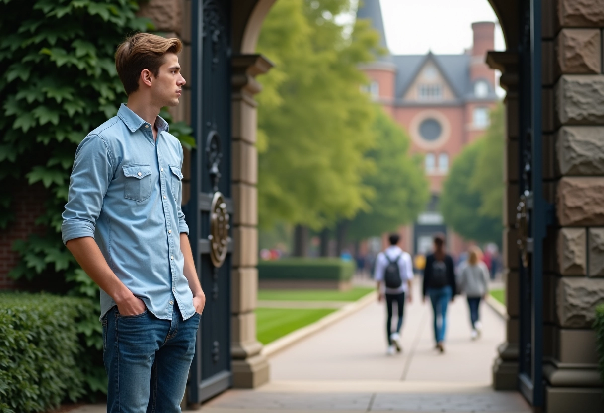 Jeune homme regardant une plaque sororité devant une université