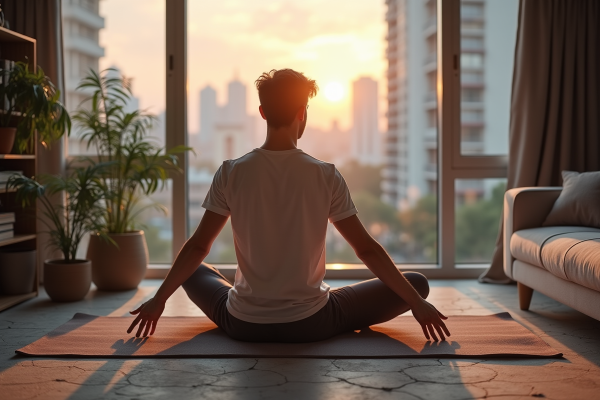 Jeune homme faisant des torsions sur un tapis dans un salon lumineux