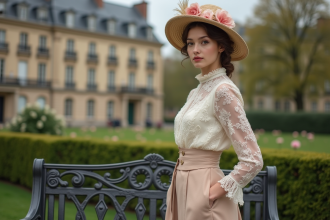 Jeune femme parisienne en tenue élégante dans un jardin