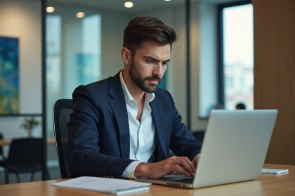 Jeune homme en costume navy travaillant sur son ordinateur dans un bureau moderne