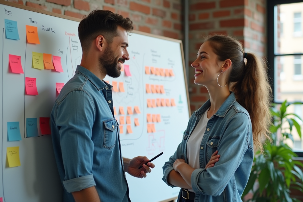 Jeune entrepreneur et entrepreneuse discutant devant un tableau blanc