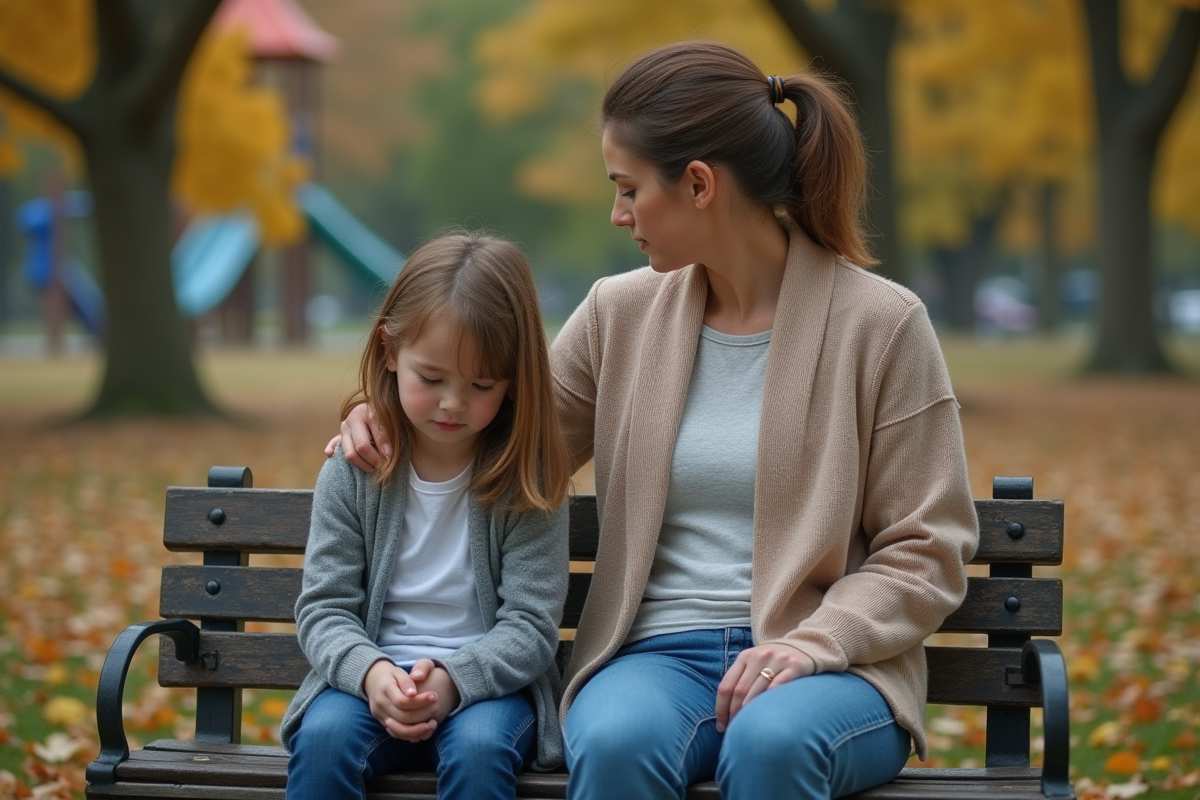Mère inquiète parlant à sa fille sur un banc en automne