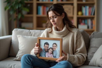 Maman inquiète tenant une photo de famille dans le salon