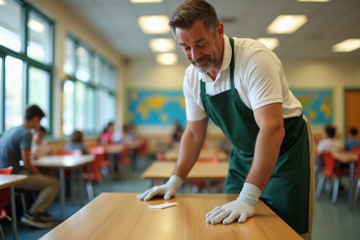 Homme custodian désinfectant une table dans une cantine scolaire