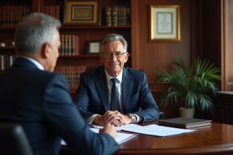 Notaire homme en costume bleu examinant des documents dans son bureau